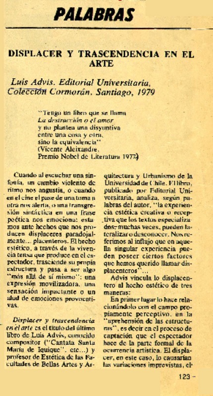Dispalcer y trascendencia en el arte  [artículo] Sergio Marras.