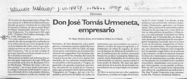 Don José Tomás Urmeneta, empresario  [artículo] Sergio Martínez Baeza.