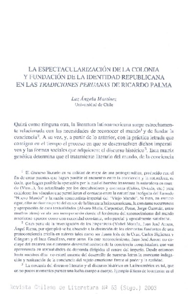 La espectacularización de la colonia y fundación de la identidad republicana en Las tradiciones peruanas de Ricardo Palma  [artículo] Luz Angela Martínez.