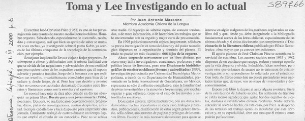 Toma y lee investigando en lo actual  [artículo] Juan Antonio Massone