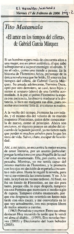 "El amor en los tiempos de cólera", de Gabriel García Márquez  [artículo] Tito Matamala.