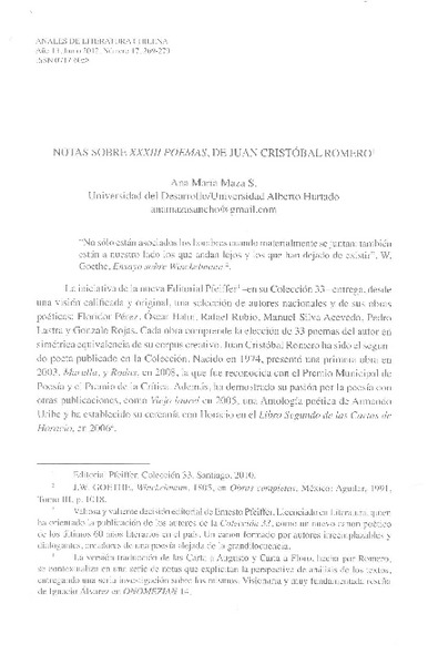 Notas sobre 33 poemas, de Juan Cristóbal Romero  [artículo] Ana María Maza S.