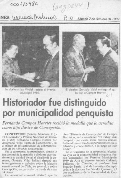 Historiador fue distinguido por Municipalidad penquista  [artículo] Sonnia Mendoza G.