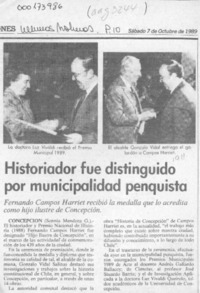 Historiador fue distinguido por Municipalidad penquista  [artículo] Sonnia Mendoza G.