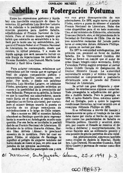 Sabella y su postergación póstuma  [artículo] Conrado Menzel.