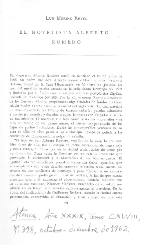El novelista Alberto Romero  [artículo] Luis Merino Reyes.