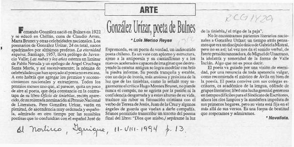 González Urízar, poeta de Bulnes  [artículo] Luis Merino Reyes.