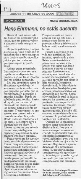 Hans Ehrmann, no estás ausente  [artículo] María Eugenia Meza