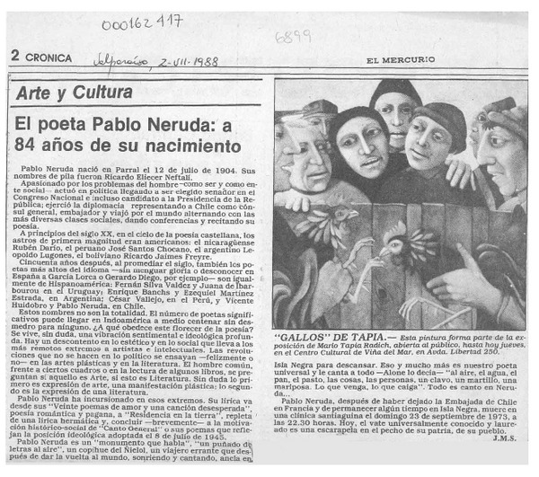 El poeta Pablo Neruda, a 84 años de su nacimiento  [artículo] J. M. S.