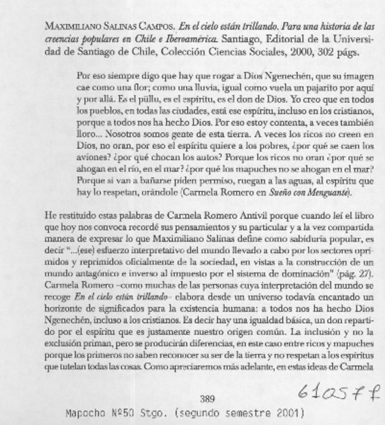 En el cielo están trillando  [artículo] Sonia Montecino Aguirre