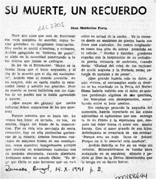 Su muerte, un recuerdo  [artículo] Juan Montecino Parra.
