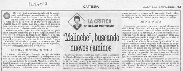 "Malinche", buscando nuevos caminos  [artículo] Yolanda Montecinos.