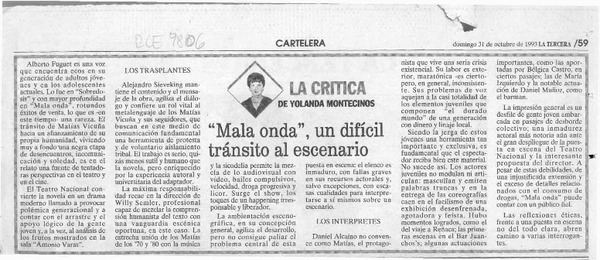 "Mala onda", un difícil tránsito al escenario  [artículo] Yolanda Montecinos.