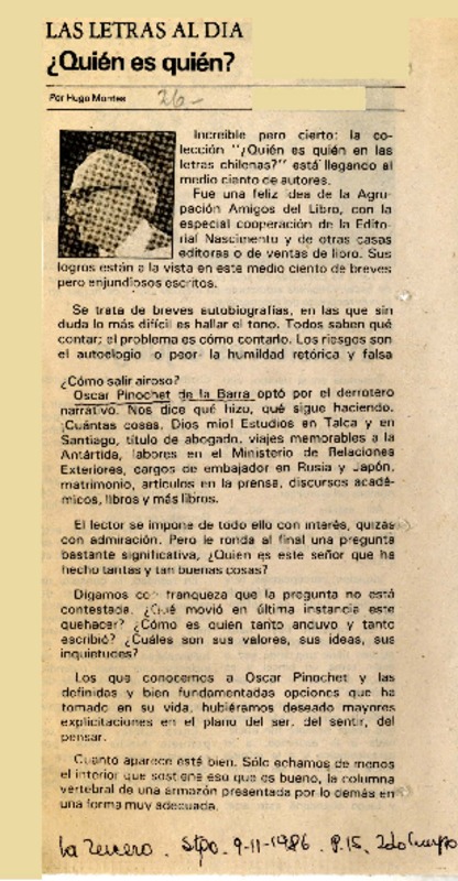Quién es quién?  [artículo] Hugo Montes.