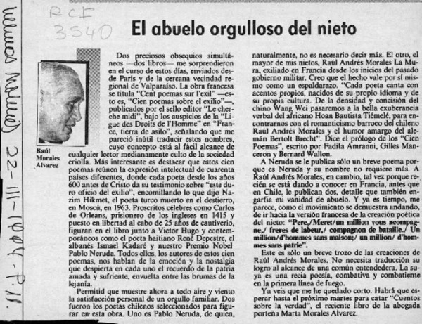 El abuelo orgulloso del nieto  [artículo] Raúl Morales Alvarez.