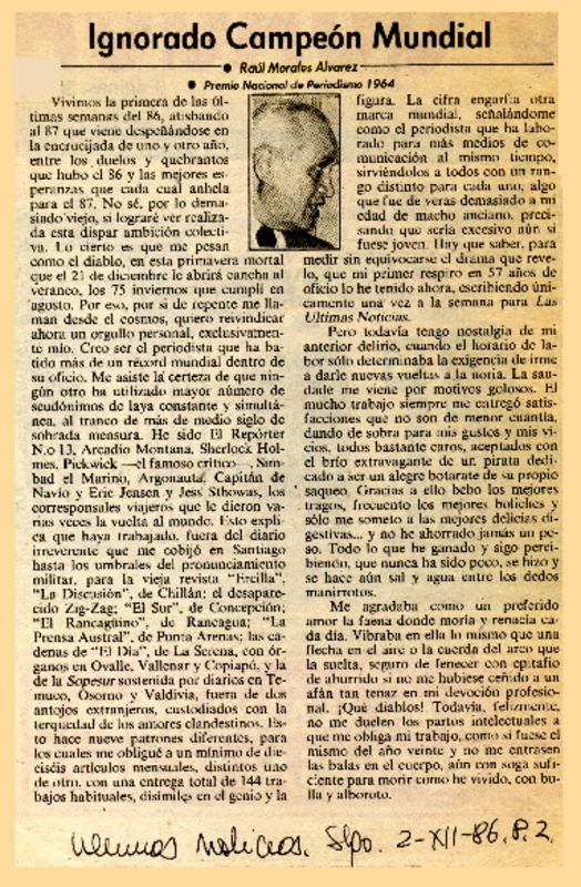 Ignorado campeón mundial  [artículo] Raúl Morales Alvarez.