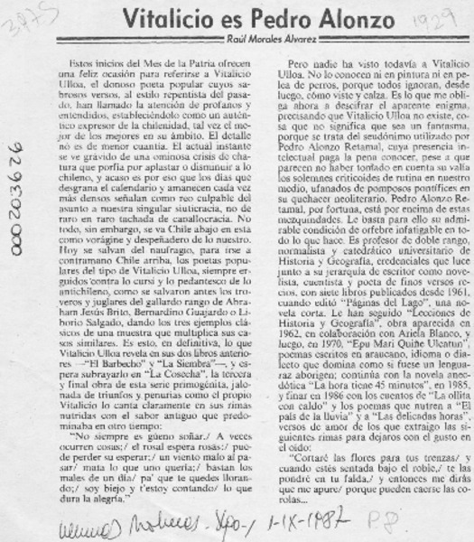 Vitalicio es Pedro Alonzo  [artículo] Raúl Morales Alvarez.
