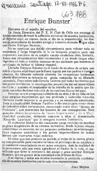 Enrique Bunster  [artículo] Juan Mujica.