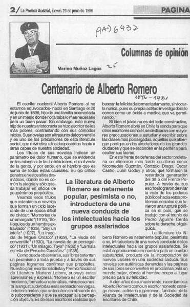 Centenario de Alberto Romero  [artículo] Marino Muñoz Lagos.