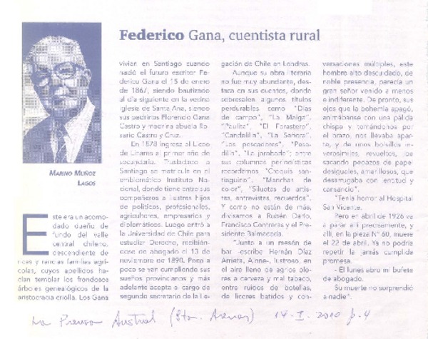 Federico Gana, cuentista rural  [artículo] Marino Muñoz Lagos.