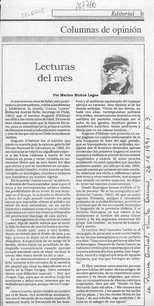 Lecturas del mes  [artículo] Marino Muñoz Lagos.