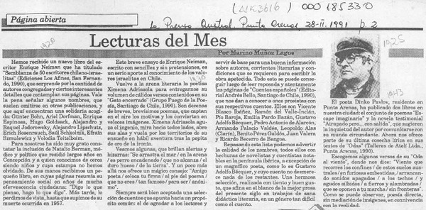Lecturas del mes  [artículo] Marino Muñoz Lagos.
