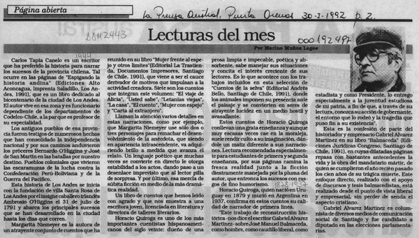 Lecturas del mes  [artículo] Marino Muñoz Lagos.