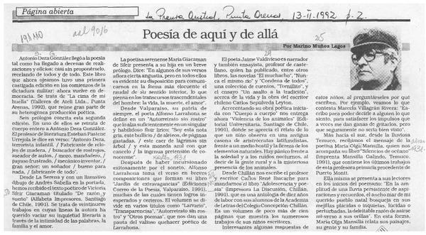 Poesía de aquí y de allá  [artículo] Marino Muñoz Lagos.