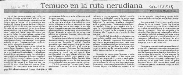 Temuco en la ruta nerudiana  [artículo] Marino Muñoz Lagos.