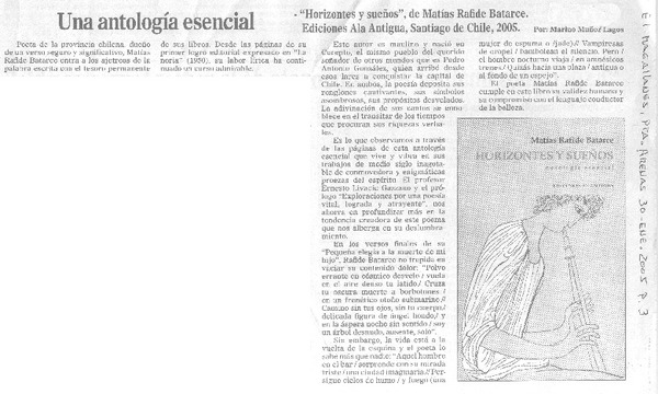 Una antología esencial : "Horizontes y sueños" de Matías Rafide Batarce : Ediciones Ala Antigua, Santiago de Chile, 2005