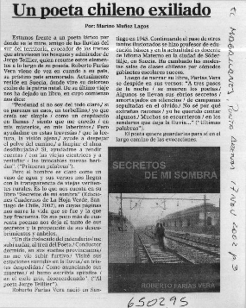 Un poeta chileno exiliado  [artículo] Marino Muñoz Lagos