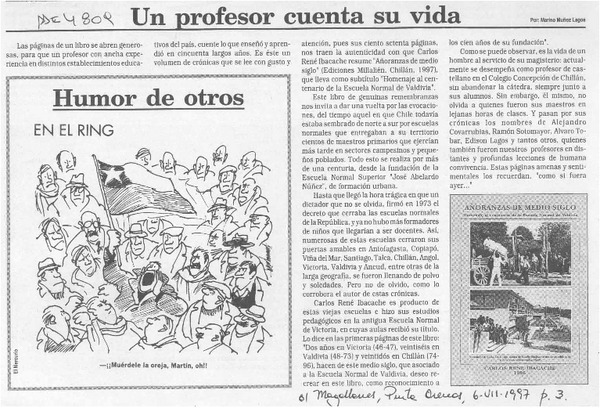 Un profesor cuenta su vida  [artículo] Marino Muñoz Lagos.