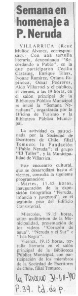 Semana en homenaje a P. Neruda  [artículo] René Muñoz Alvarez.