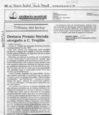 Destaca premio Neruda otorgado a C. Trujillo  [artículo] Rosabetty, Muñoz.