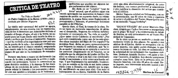 "La vida es sueño"  [artículo] Marina de Navasal.
