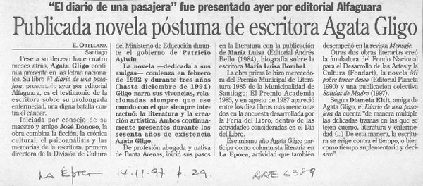 Publicada novela póstuma de escritora Agata Gligo  [artículo] E. Orellana.