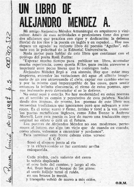 Un libro de Alejandro Méndez A.  [artículo] O. R. M.