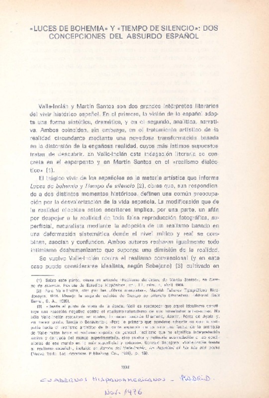 "Luces de bohemia" y "tiempos de silencio" : dos concepciones del absurdo español [artículo] José Ortega.