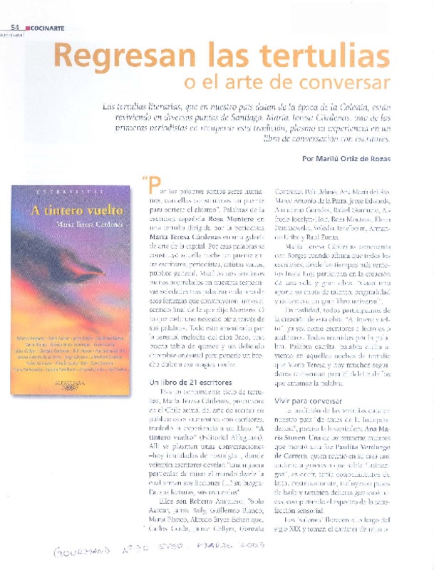 Regresan las tertulias o el arte de conversar  [artículo] Marilú Ortiz de Rozas.