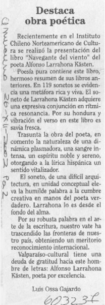 Destaca obra poética  [artículo] Luis Ossa Gajardo