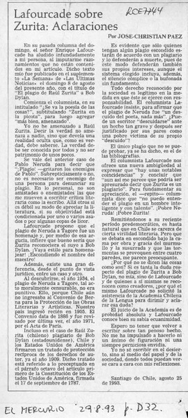 Lafourcade sobre Zurita, aclaraciones  [artículo] José Christian Páez.