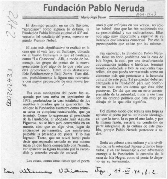 Fundación Pablo Neruda  [artículo] Mario Papi Beyer.