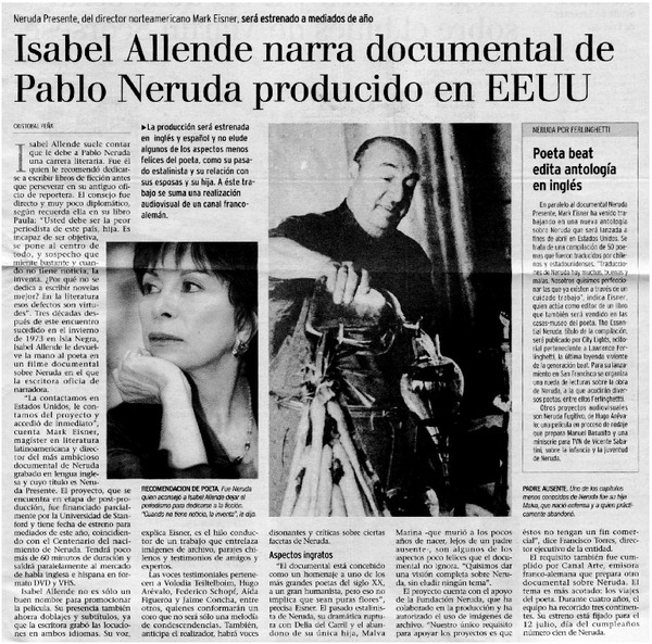 Isabel Allende narra documental de Pablo Neruda producido en EEUU