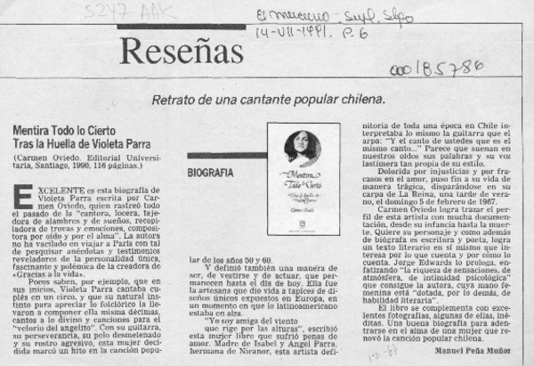 Mentira todo lo cierto, tras la huella de Violeta Parra  [artículo] Manuel Peña Muñoz.