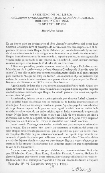 Presentación del libro, Recuerdos entreabiertos de Juan Guzmán Cruchaga  [artículo] Manuel Peña Muñoz