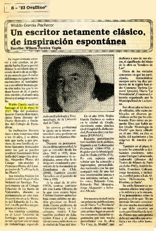 Un escritor netamente clásico, de inspiración espontánea  [artículo] Wilson Pereira Tapia.
