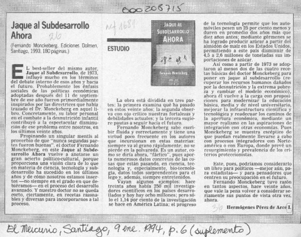 Jaque al subdesarrollo ahora  [artículo] Hermógenes Pérez de Arce I.