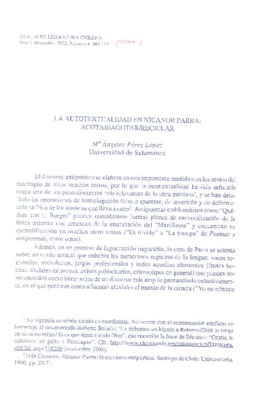 La Autotextualidad en Nicanor Parra: acotaragotar/reciclar  [artículo] / María Angeles Pérez López.