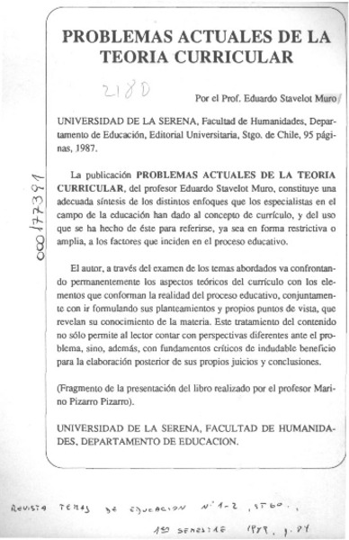 Problemas actuales de la teoría curricular  [artículo] Marino Pizarro Pizarro.