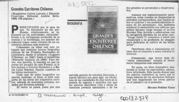Grandes escritores chilenos  [artículo] Hernán Poblete Varas.